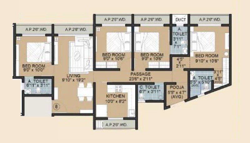 Floor plan of 4 BHK 963 Sq. Ft. Apartment in Sanskruti Pinnacle, Palghar