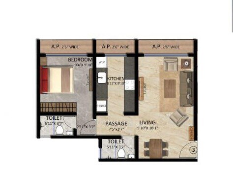 Floor plan of 1 BHK 378 Sq. Ft. Apartment in Sanskruti Sapphire, Palghar