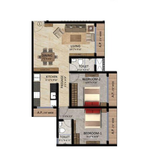 Floor plan of 2 BHK 732 Sq. Ft. Apartment in Sanskruti Sapphire, Palghar