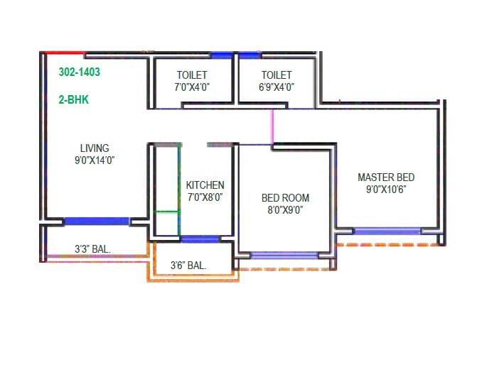 Floor plan of 2 BHK 497 Sq. Ft. Apartment in Sea Aloha, Palghar