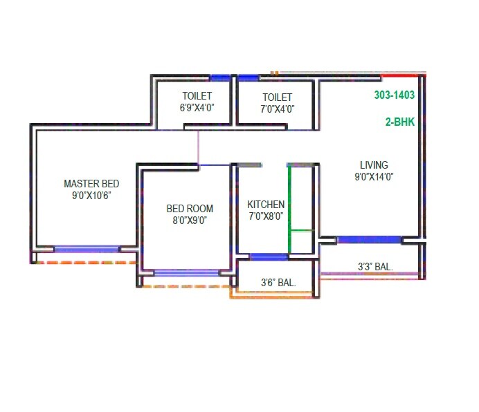 Floor plan of 2 BHK 545 Sq. Ft. Apartment in Sea Aloha, Palghar