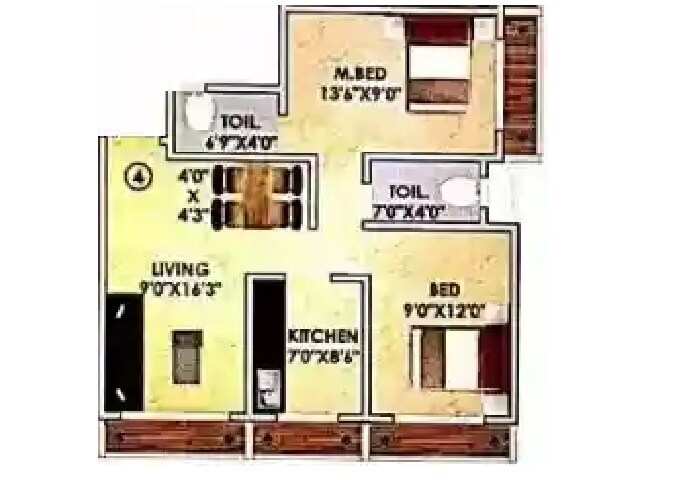 Floor plan of 2 BHK 543 Sq. Ft. Apartment in Serenity Gardens, Palghar