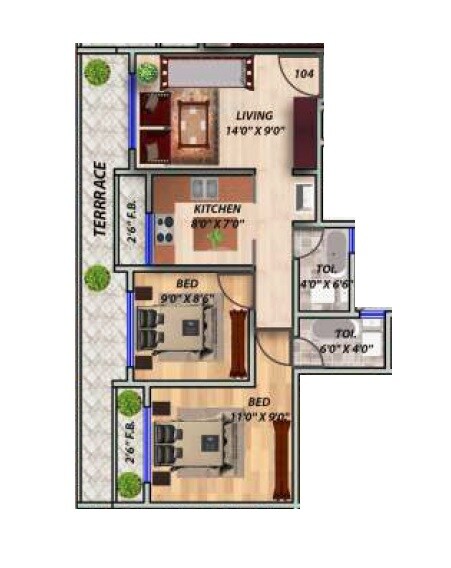 Floor plan of 2 BHK 730 Sq. Ft. Apartment in Shakuntala Shree Puram Township, Palghar
