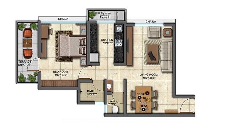 Floor plan of 1 BHK 392 Sq. Ft. Apartment in Shamik Ashtavinayak, Palghar