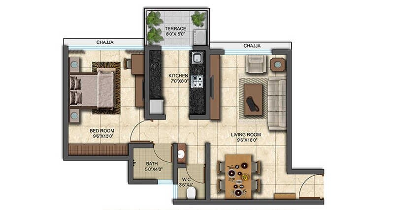 Floor plan of 1 BHK 502 Sq. Ft. Apartment in Shamik Ashtavinayak, Palghar