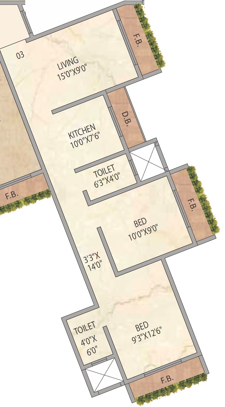 Floor plan of 2 BHK 442 Sq. Ft. Apartment in Shamrock Residency, Palghar