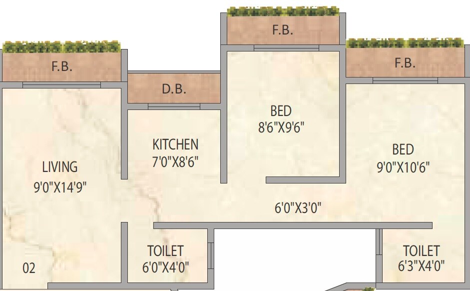 Floor plan of 2 BHK 472 Sq. Ft. Apartment in Shamrock Residency, Palghar
