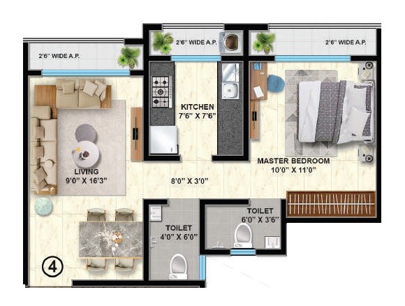 Floor plan of 1 BHK 386 Sq. Ft. Apartment in Shantee Flamingo Residency, Palghar