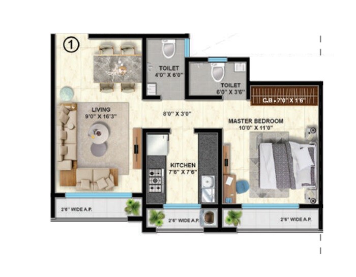 Floor plan of 1 BHK 418 Sq. Ft. Apartment in Shantee Flamingo Residency, Palghar