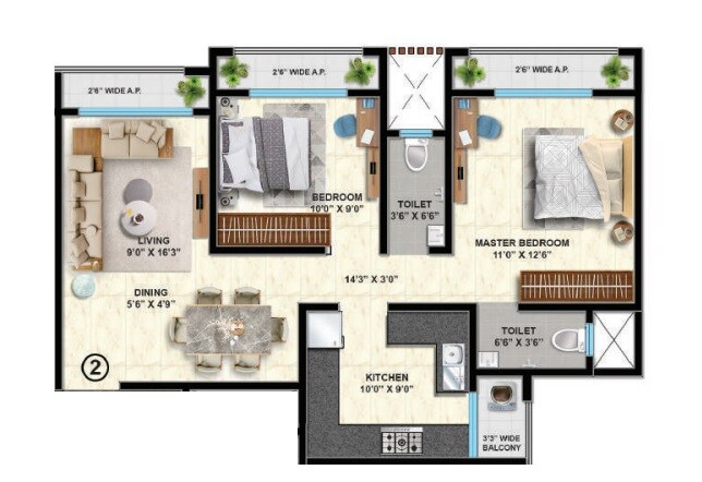 Floor plan of 2 BHK 630 Sq. Ft. Apartment in Shantee Flamingo Residency, Palghar