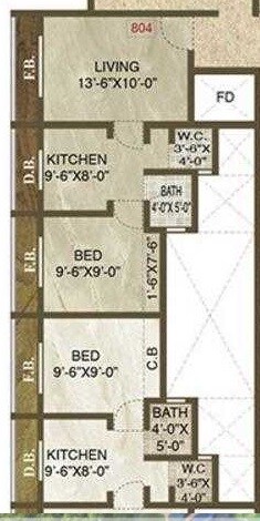 Floor plan of 2 BHK 835 Sq. Ft. Apartment in Shantee Meera Avenue, Palghar