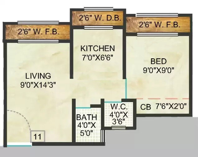 Floor plan of 1 BHK 296 Sq. Ft. Apartment in Shantee Sargam Residency, Palghar