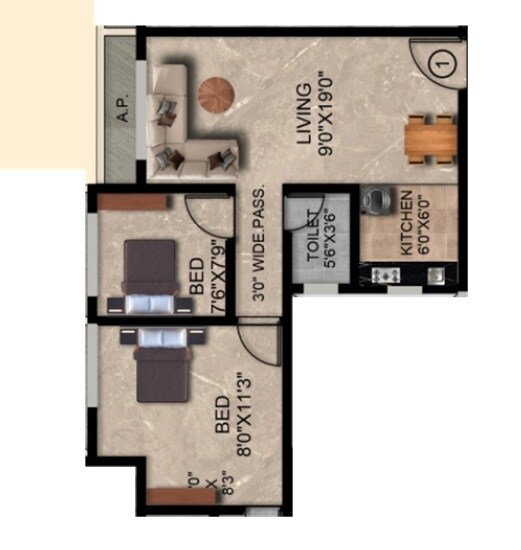 Floor plan of 2 BHK 406 Sq. Ft. Apartment in Shantee Sunshine Green Park, Palghar