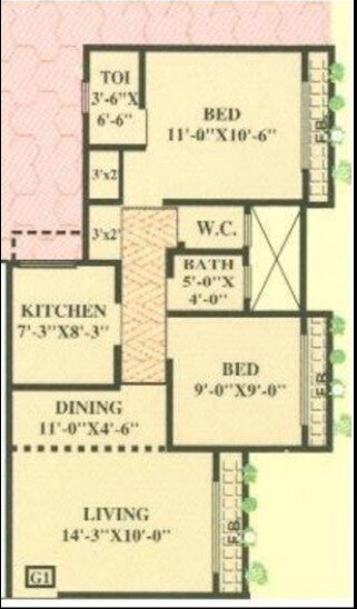 Floor plan of 2 BHK 980 Sq. Ft. Apartment in Shantee Sunshine Hills, Palghar