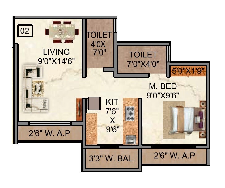 Floor plan of 1 BHK 442 Sq. Ft. Apartment in Shantee Sunshine Meadows, Palghar