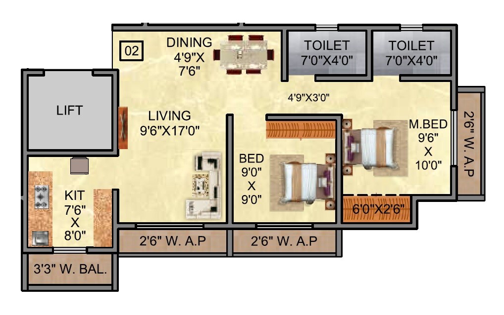 Floor plan of 2 BHK 625 Sq. Ft. Apartment in Shantee Sunshine Meadows, Palghar