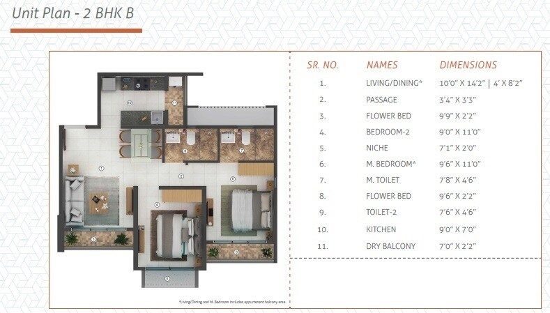 Floor plan of 2 BHK 524 Sq. Ft. Apartment in Shapoorji Pallonji Joyville Palm Meadows, Palghar