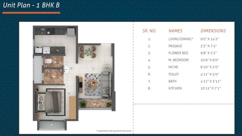 Floor plan of 1 BHK 439 Sq. Ft. Apartment in Shapoorji Pallonji Joyville Virar Phase 2, Palghar