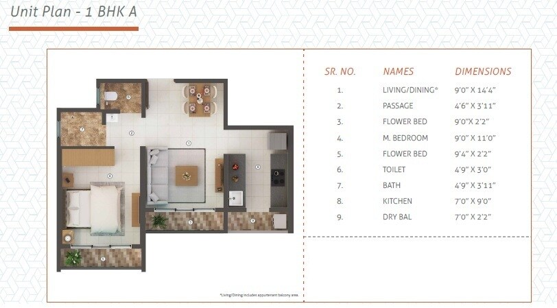 Floor plan of 1 BHK 406 Sq. Ft. Apartment in Shapoorji Pallonji Joyville Virar Phase 2, Palghar