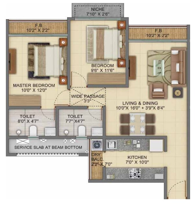 Floor plan of 2 BHK 644 Sq. Ft. Apartment in Shapoorji Pallonji Joyville Virar Phase 2, Palghar