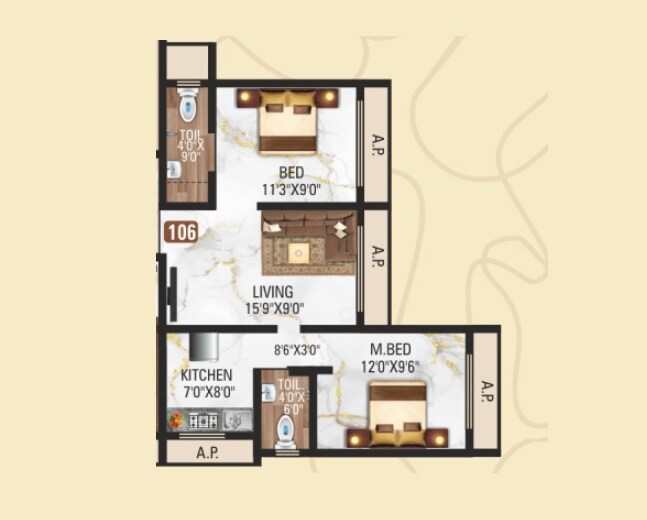 Floor plan of 2 BHK 520 Sq. Ft. Apartment in Shiv Karari Heights, Palghar