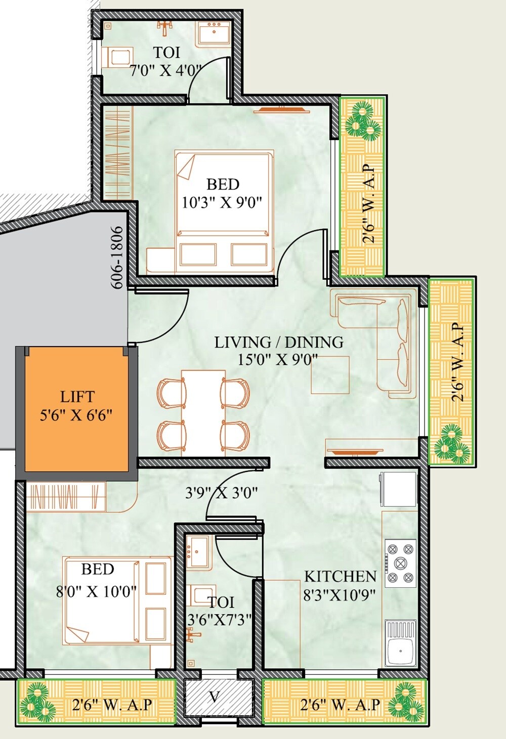 Floor plan of 2 BHK 522 Sq. Ft. Apartment in Shivam Aai Chandika Hills, Palghar