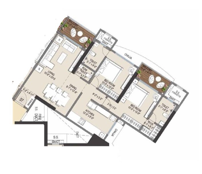 Floor plan of 2 BHK 998 Sq. Ft. Apartment in Shree Ambaram, Palghar