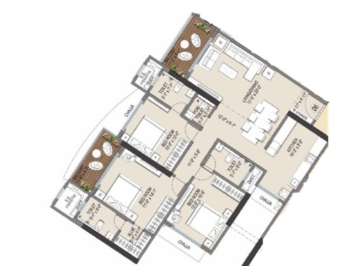 Floor plan of 3 BHK 1254 Sq. Ft. Apartment in Shree Ambaram, Palghar