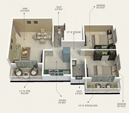 Floor plan of 2 BHK 507 Sq. Ft. Apartment in Shree Balaji Pride, Palghar