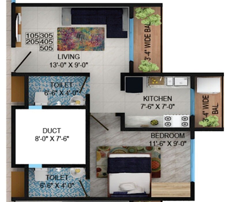Floor plan of 1 BHK 368 Sq. Ft. Apartment in Shree Geetanjali Dwarkadhish Nagar, Palghar