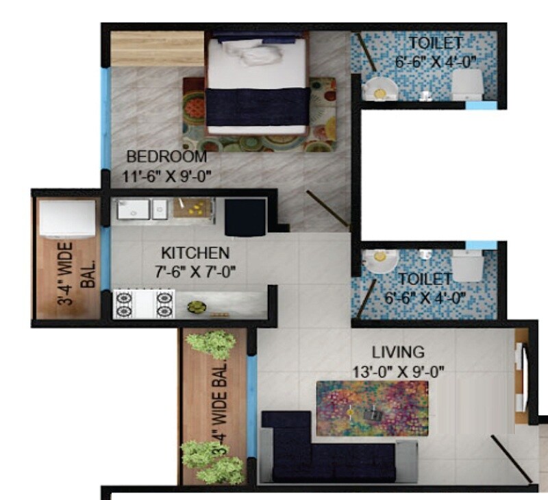 Floor plan of 1 BHK 503 Sq. Ft. Apartment in Shree Geetanjali Dwarkadhish Nagar, Palghar