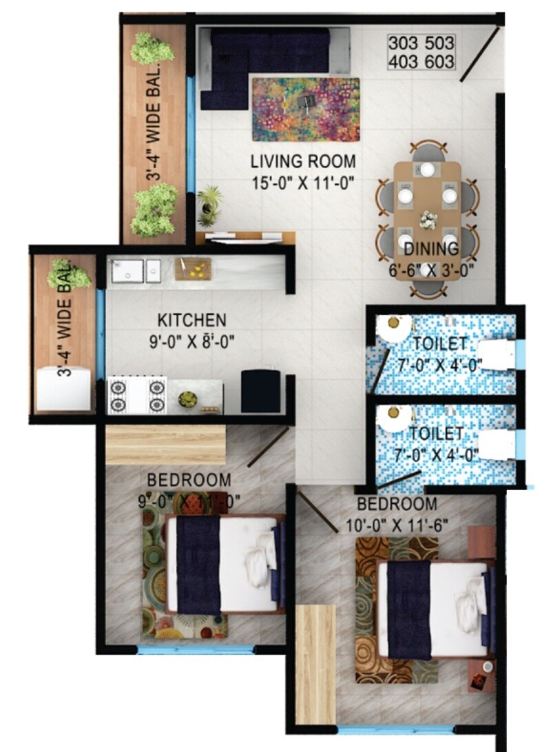 Floor plan of 2 BHK 539 Sq. Ft. Apartment in Shree Geetanjali Dwarkadhish Nagar, Palghar