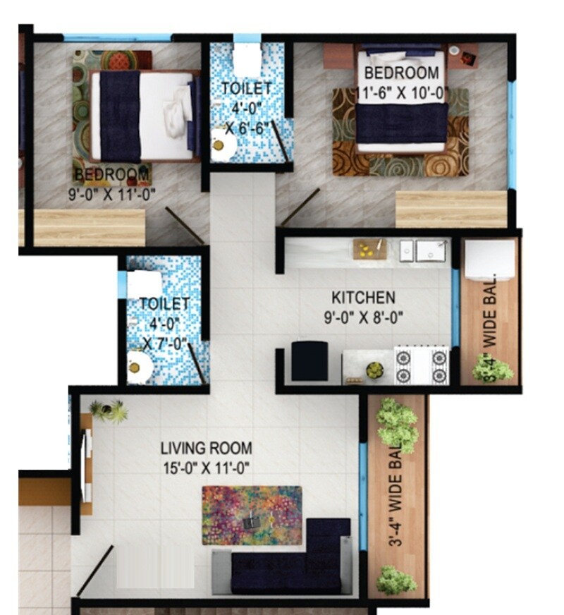 Floor plan of 2 BHK 663 Sq. Ft. Apartment in Shree Geetanjali Dwarkadhish Nagar, Palghar