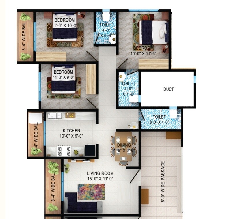 Floor plan of 3 BHK 843 Sq. Ft. Apartment in Shree Geetanjali Dwarkadhish Nagar, Palghar