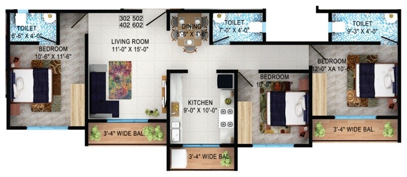Floor plan of 3 BHK 948 Sq. Ft. Apartment in Shree Geetanjali Dwarkadhish Nagar, Palghar