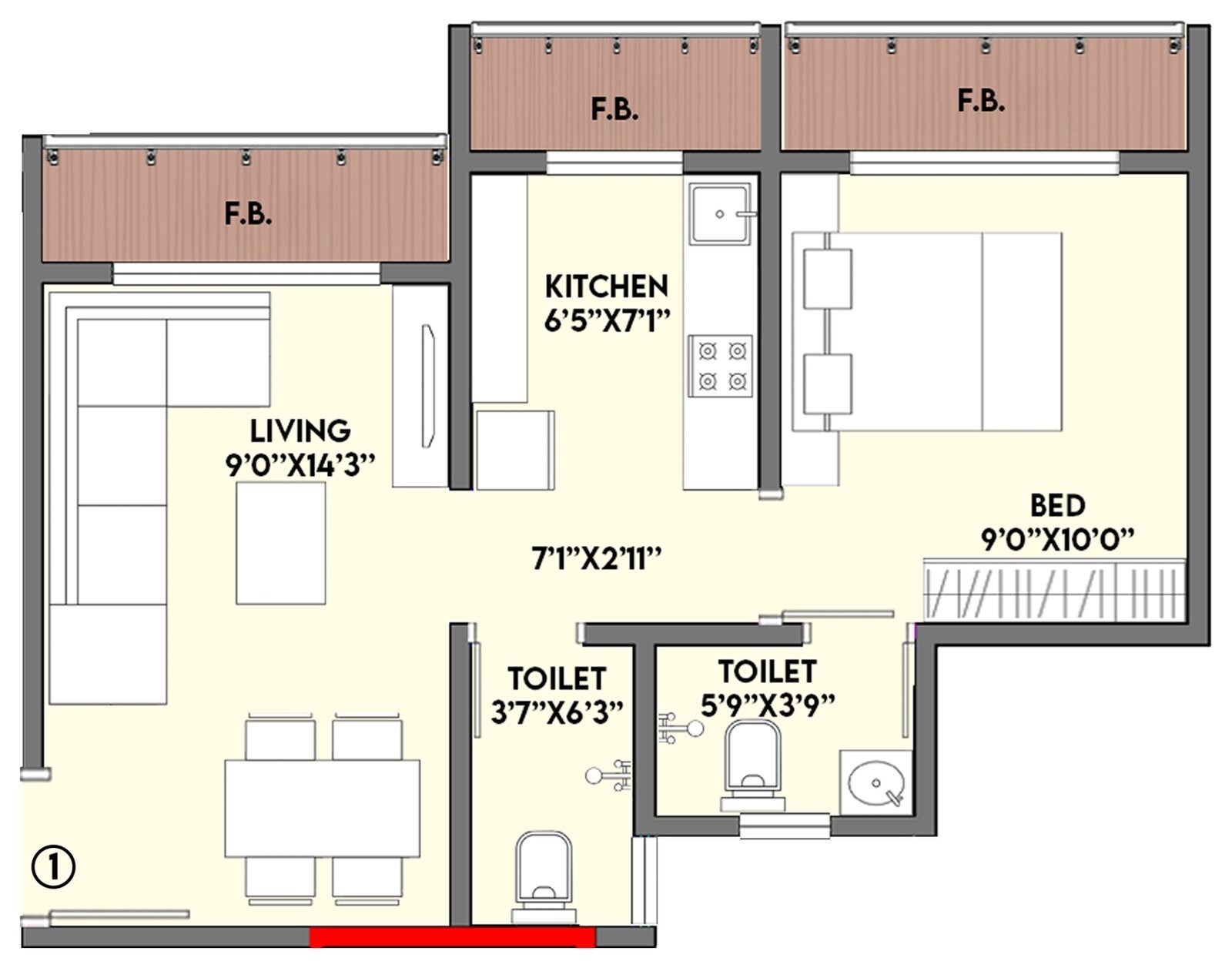 Floor plan of 1 BHK 420 Sq. Ft. Apartment in Shree Harmony Grand, Palghar