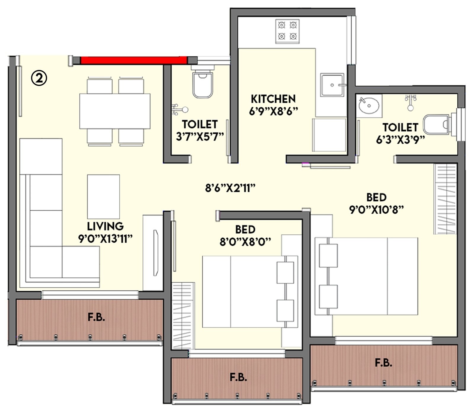 Floor plan of 2 BHK 520 Sq. Ft. Apartment in Shree Harmony Grand, Palghar