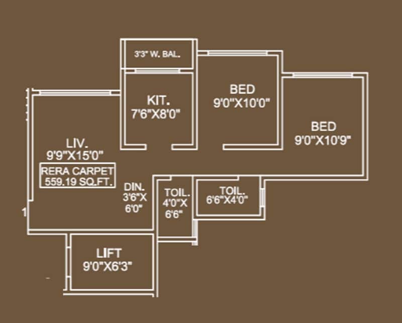 Floor plan of 2 BHK 445 Sq. Ft. Apartment in Shree Krishna Bhoomi, Palghar