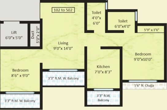 Floor plan of 2 BHK 537 Sq. Ft. Apartment in Shree Kurlai Complex, Palghar