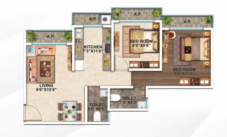 Floor plan of 2 BHK 626 Sq. Ft. Apartment in Shree Mahavir Enclave, Palghar
