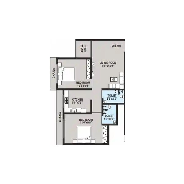 Floor plan of 2 BHK 482 Sq. Ft. Apartment in Shree Nirman Nikunj CHS, Palghar