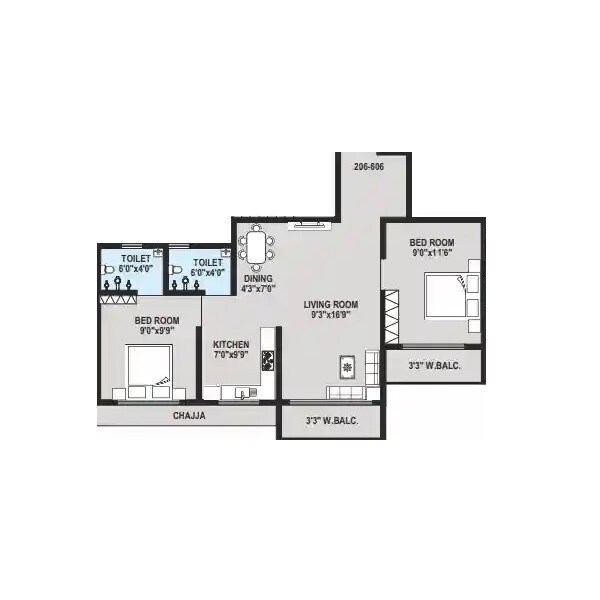 Floor plan of 2 BHK 529 Sq. Ft. Apartment in Shree Nirman Nikunj CHS, Palghar