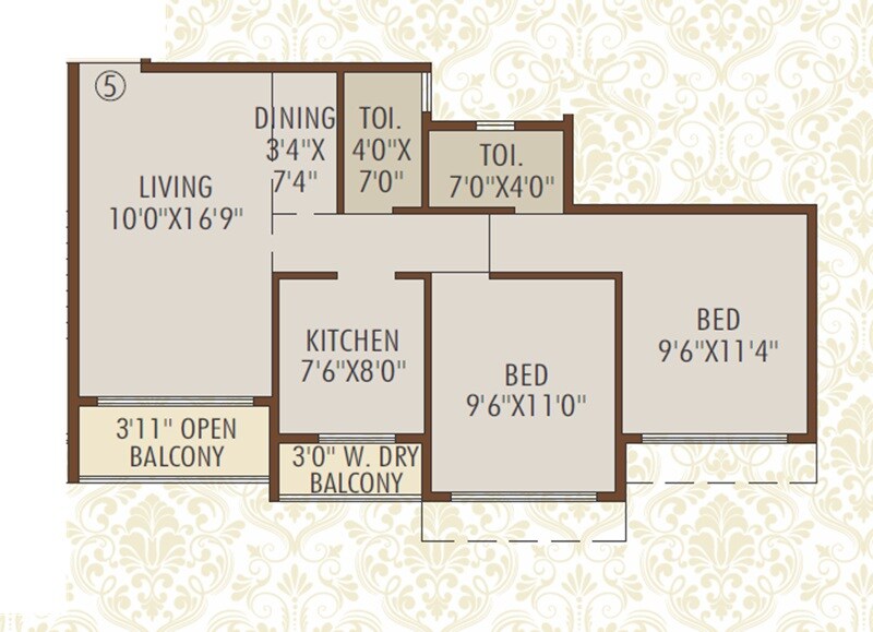 Floor plan of 2 BHK 688 Sq. Ft. Apartment in Shree Ostwal Emperial, Palghar