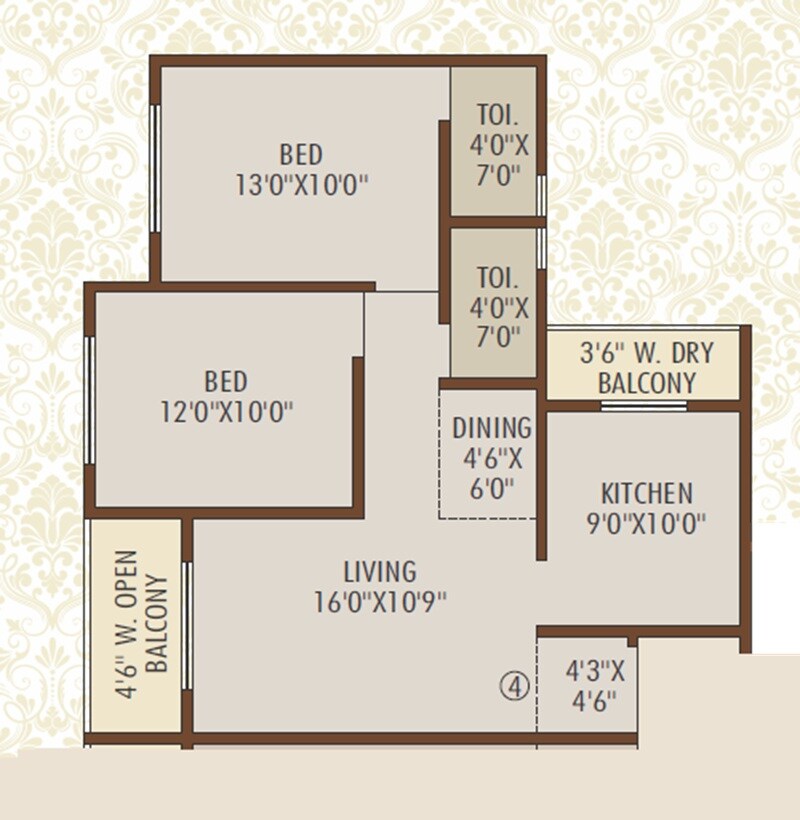Floor plan of 2 BHK 704 Sq. Ft. Apartment in Shree Ostwal Emperial, Palghar