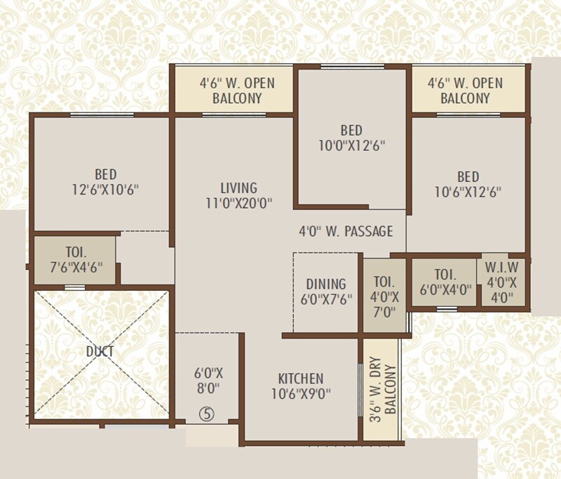 Floor plan of 3 BHK 1050 Sq. Ft. Apartment in Shree Ostwal Emperial, Palghar