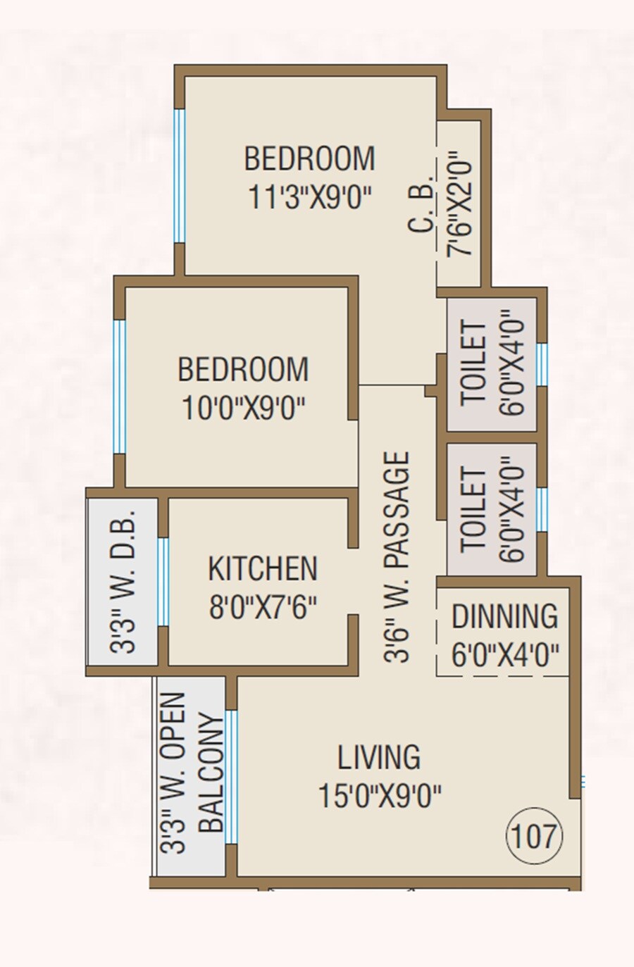 Floor plan of 2 BHK 671 Sq. Ft. Apartment in Shree Ostwal Palace, Palghar