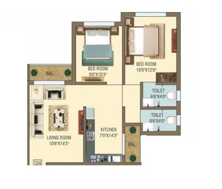 Floor plan of 2 BHK 498 Sq. Ft. Apartment in Shree Ostwal Village, Palghar