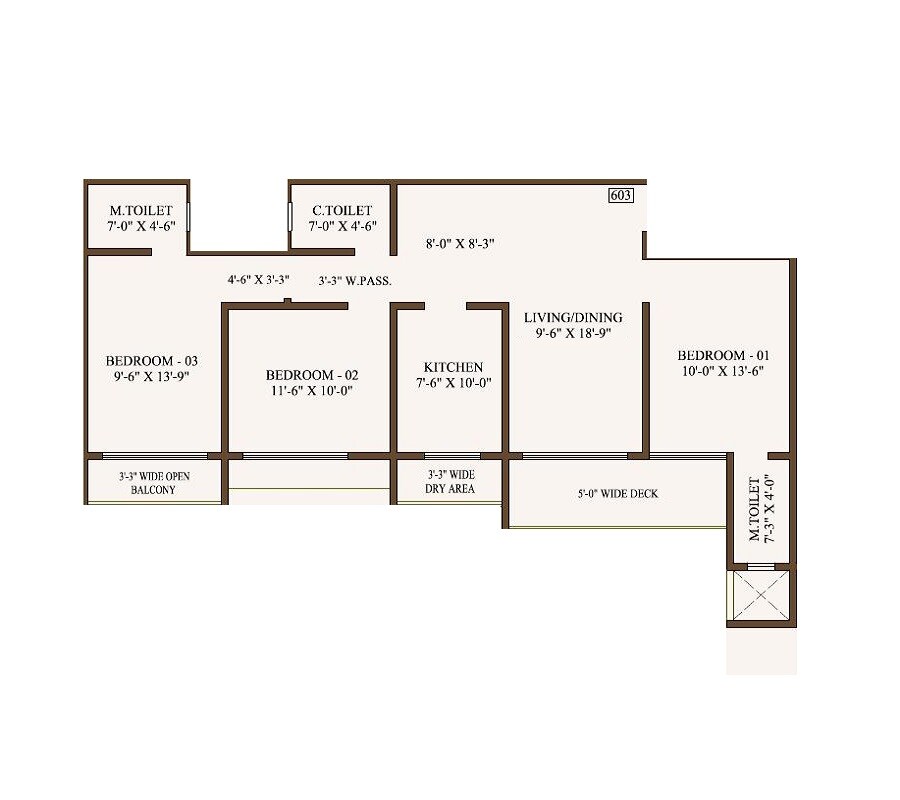 Floor plan of 3 BHK 788 Sq. Ft. Apartment in Shree Ostwal Woods, Palghar