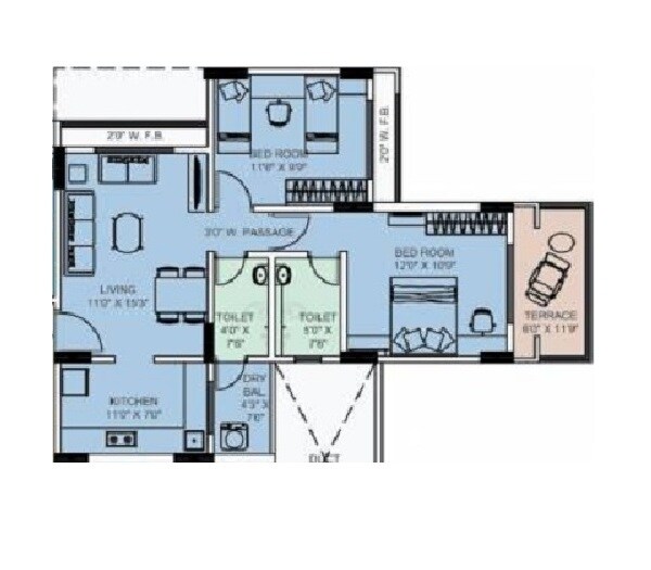 Floor plan of 2 BHK 639 Sq. Ft. Apartment in Shree Siddhi Heights, Palghar