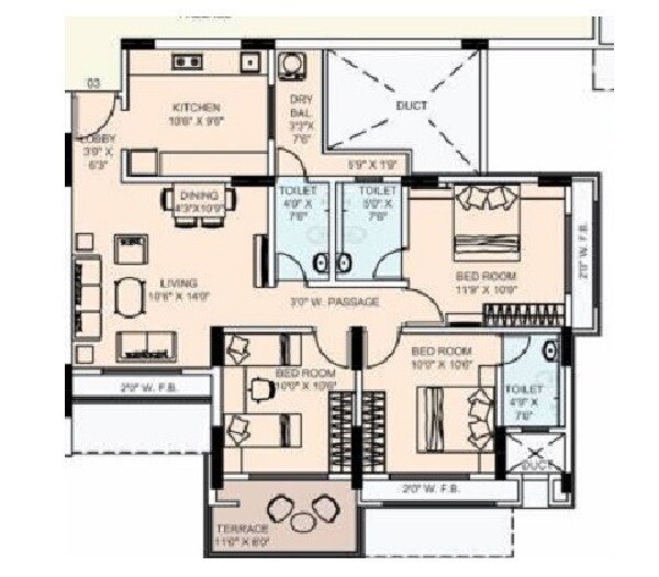 Floor plan of 3 BHK 828 Sq. Ft. Apartment in Shree Siddhi Heights, Palghar